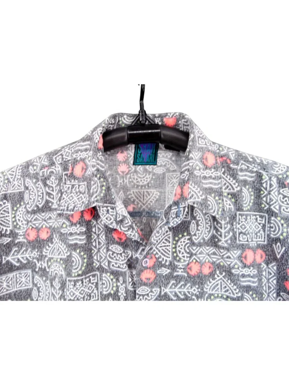 Vintage 80s Mens Shah Safari Gray Pink Hieroglyphs Button Shirt Size XL Abstract - Picture 3 of 11